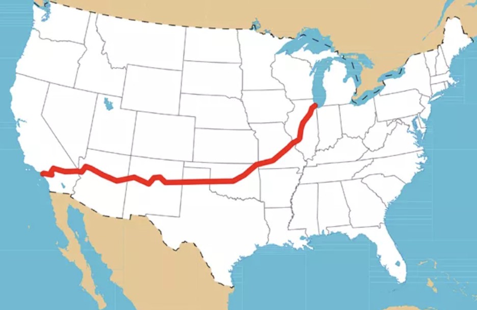 מפה של כביש 66  מסלול טיול קרוואנים בארהב מהמפורסמים והנפוצים ביותר מפה של כביש 66  מסלול טיול קרוואנים בארהב מהמפורסמים והנפוצים ביותר